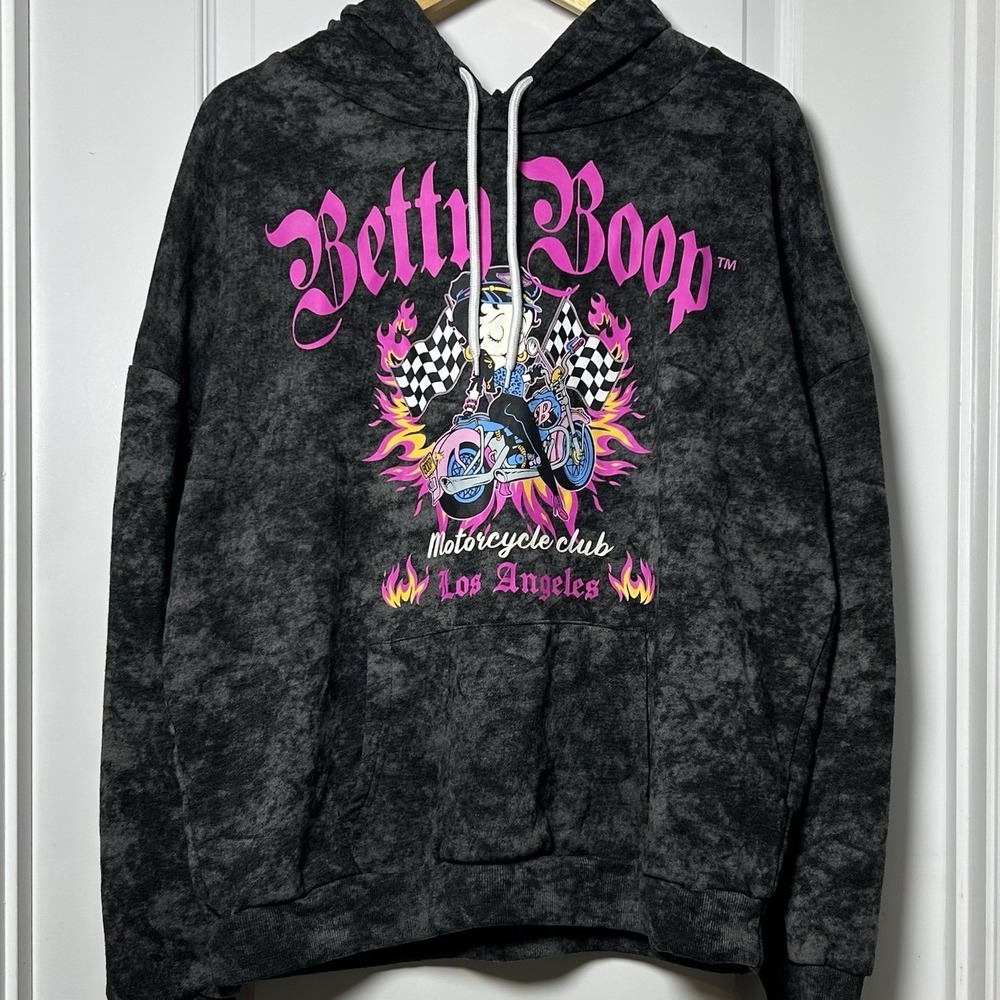 Betty Boop Licensed Gray Acid Wash Motorcycle Club Los Angeles Graphic Hoodie